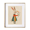 Load image into Gallery viewer, bunny, clad in a colorful striped dress that whispers of sunny days and joyful picnics in the park. nursery art