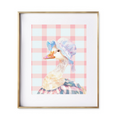 Load image into Gallery viewer, A charming duck, decked out in a cap and apron, set against a soft, plaid pink background that sings with sweetness. NURSERY ART